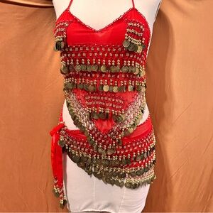Belly Dance Costume Size M-L Red  Golden Coins Halter Top & Hip Scarf Outfit